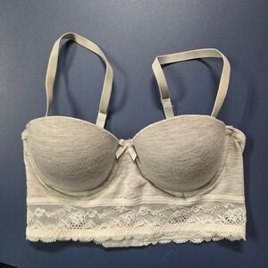 Jasmine & Ginger Heather Gray Lace Trim Longline Bra 32B Underwire F72WJ400